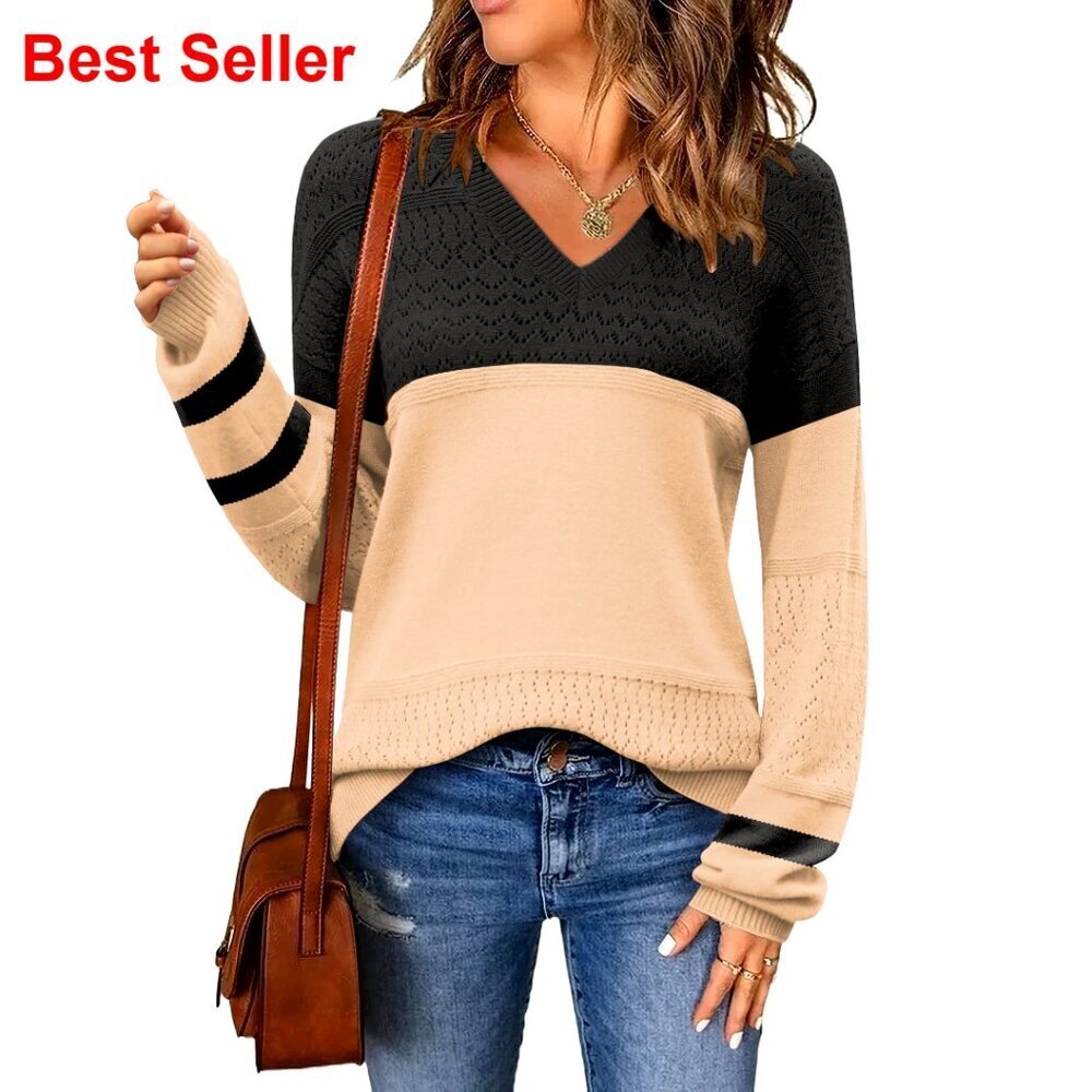 Lightweight Crochet Pullover Sweater V-Neck Ribbed Knit Casual Top